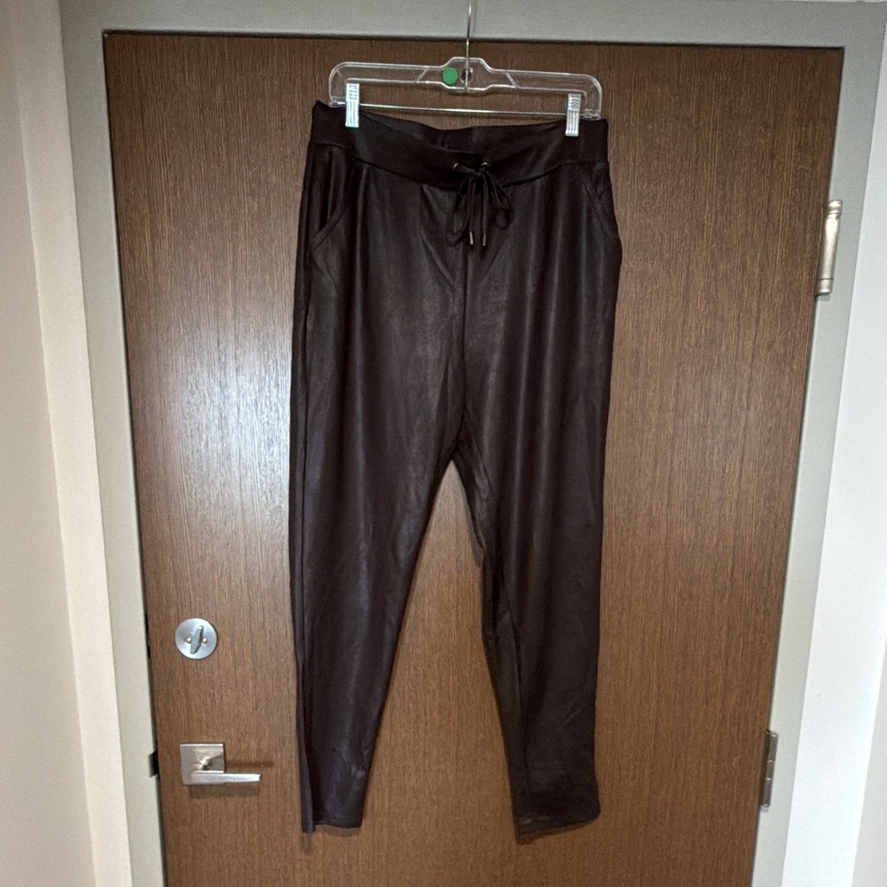 Rachel Zoe Womens Brown Faux Leather Jogger Pants Drawstring Pockets Size M